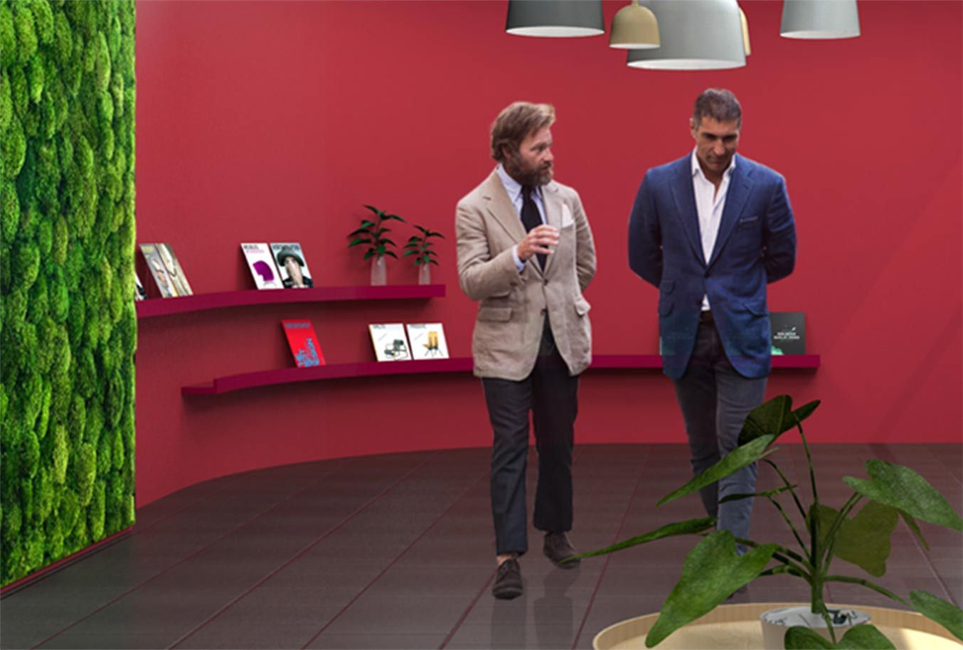 Deux hommes marchant dans le bâtiment grenat